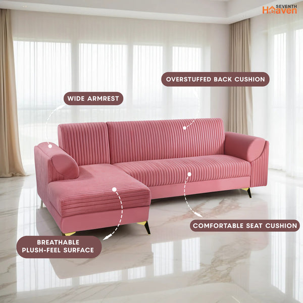Venice 6 Seater Sofa Left Corner - ( Plush Suede Fabric - Peach )