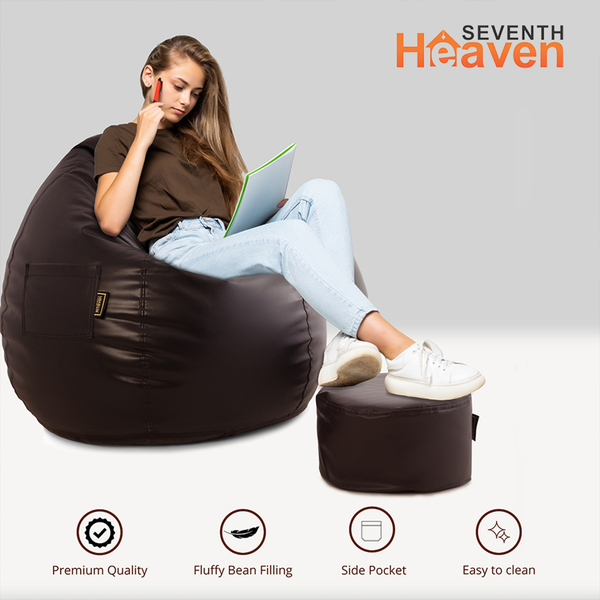 Seventh Heaven 3XL Bean Bag Cover with Footrest & Cushion ( Premium Leatherite - Brown )