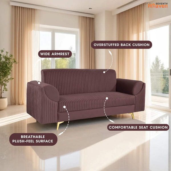 Venice 3 Seater Sofa- ( Plush Suede Fabric- Brown )