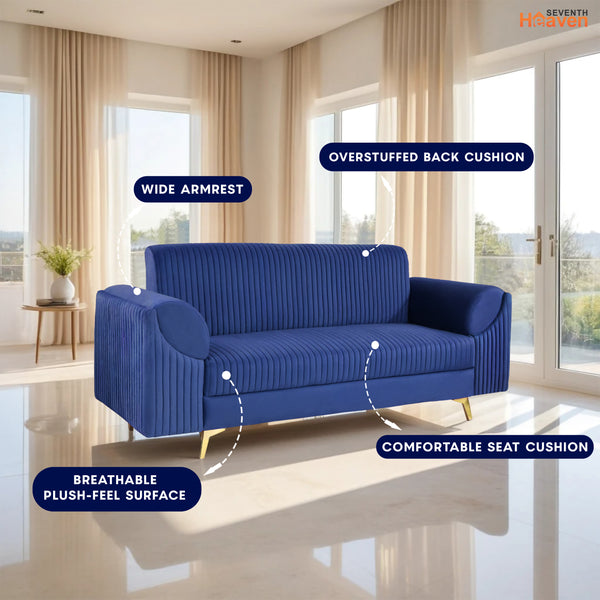 Venice 3 Seater Sofa- ( Plush Suede Fabric- Blue )