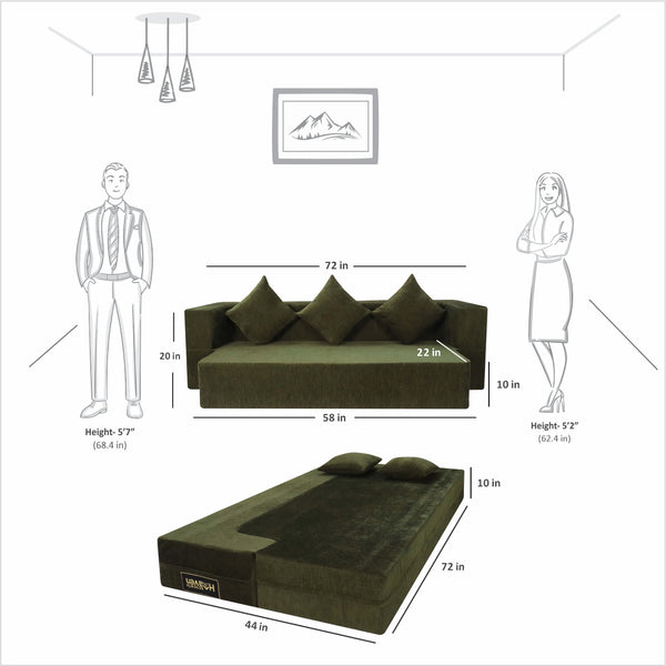 Flipper X Sofa Cum Bed - 3  Seater, Plain Cushion ( Premium Molfino Fabric, Green)