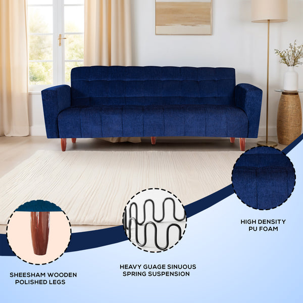 Lisbon 3 Seater Wooden Sofa Cum Bed - ( Premium Molfino Fabric- Blue )