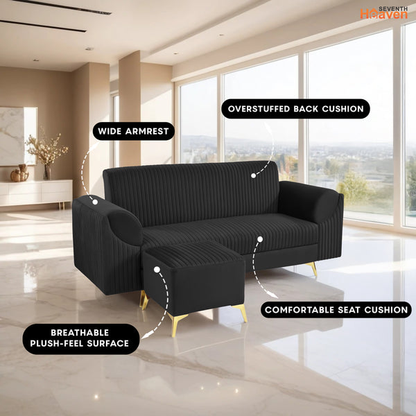 Venice 4 Seater Sofa with 2 Ottoman- ( Plush Suede Fabric- Black )