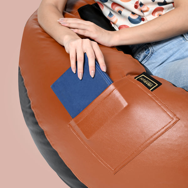 Seventh Heaven 3XL Bean Bag Cover with Footrest & Cushion ( Premium Leatherite - Black & Tan )