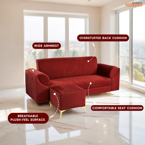 Venice 4 Seater Sofa with  Ottoman- ( Plush Suede Fabric- Maroon )