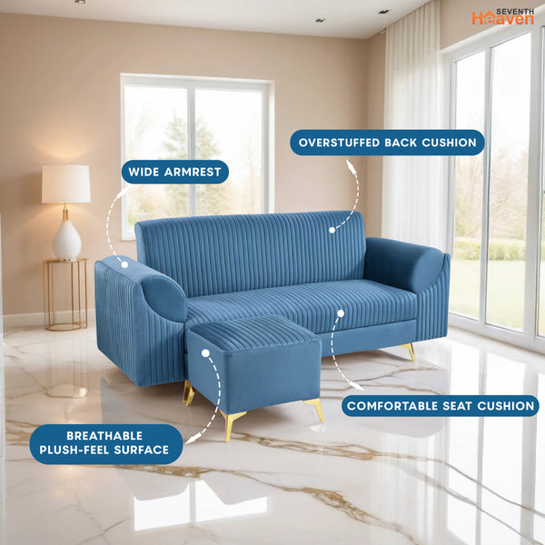 Venice 4 Seater Sofa with 2 Ottoman- ( Plush Suede Fabric- Sky Blue )