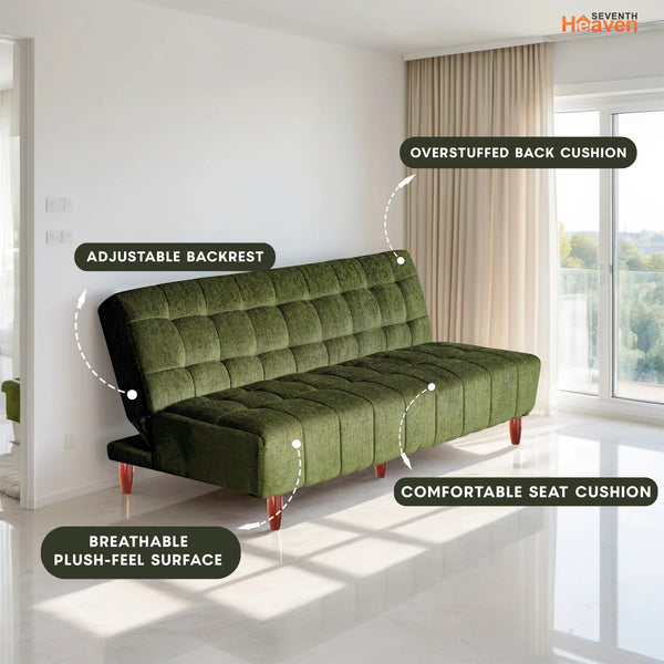 Florida  3 Seater Wooden Sofa Cum Bed - ( Premium Molfino Fabric- Green )