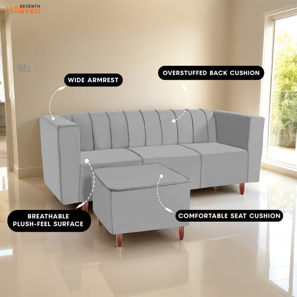 Sydney 5 Seater Sofa with 2 Ottoman- ( Plush Suede Fabric- Grey )