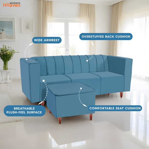 Sydney 5 Seater Sofa with 2 Ottoman- ( Plush Suede Fabric-Sky Blue )