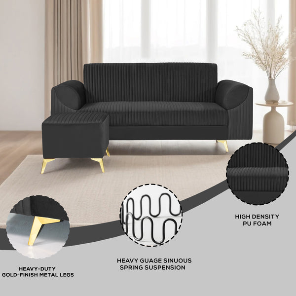 Venice 4 Seater Sofa with 2 Ottoman- ( Plush Suede Fabric- Black )