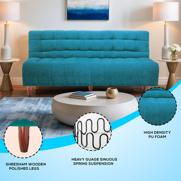 Florida Neo 4 Seater Wooden Sofa Cum Bed - ( Premium Molfino Fabric- Sky Blue )