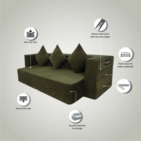 Flipper X Sofa Cum Bed - 3  Seater, Plain Cushion ( Premium Molfino Fabric, Green)