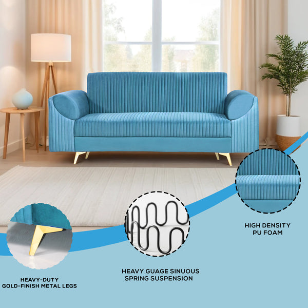 Venice 3 Seater Sofa- ( Plush Suede Fabric- Sky Blue )