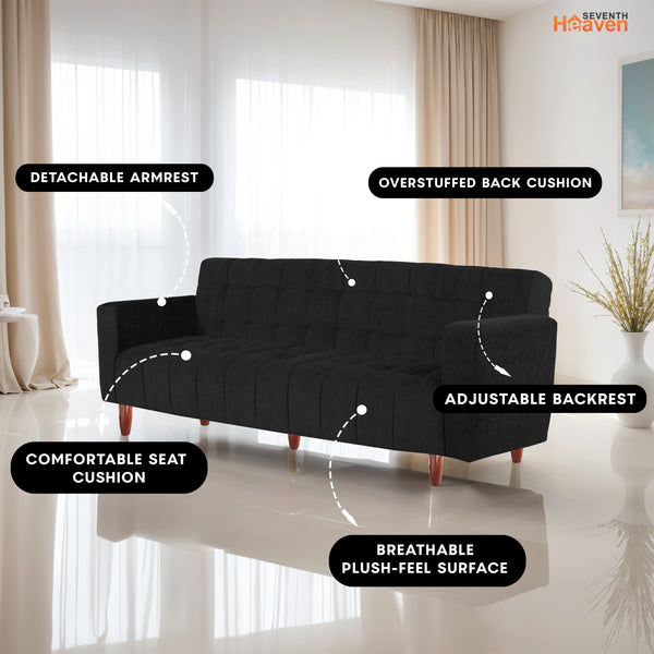 Lisbon Neo 3 Seater Wooden Sofa Cum Bed - ( Premium Molfino Fabric- Black )