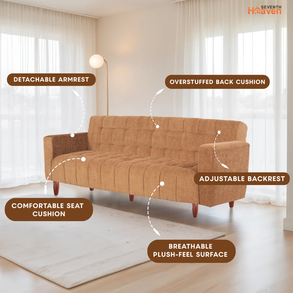 Lisbon Neo 3 Seater Wooden Sofa Cum Bed - ( Premium Molfino Fabric- Beige  )