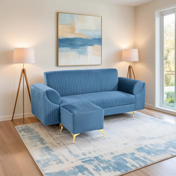 Venice 4 Seater Sofa with 2 Ottoman- ( Plush Suede Fabric- Sky Blue )