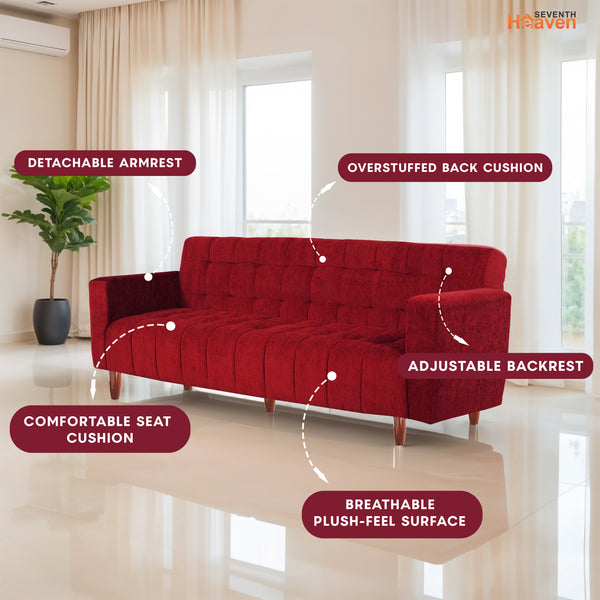 Lisbon Neo 3 Seater Wooden Sofa Cum Bed - ( Premium Molfino Fabric- Maroon )