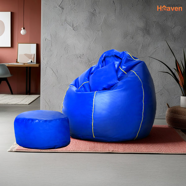 Seventh Heaven 3XL Bean Bag Cover with Footrest & Cushion ( Premium Leatherite - Royal Blue & Yellow Strip )