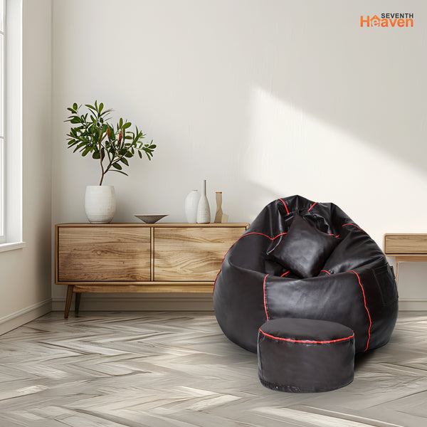 Seventh Heaven 3XL Bean Bag Cover with Footrest & Cushion ( Premium Leatherite - Brown & Red Strip )