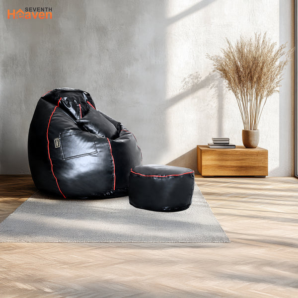Seventh Heaven 3XL Bean Bag Cover with Footrest & Cushion ( Premium Leatherite - Black & Red Strip )