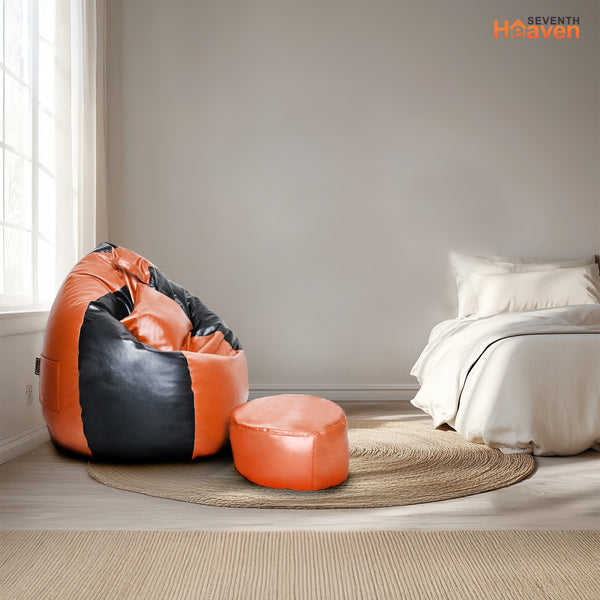 Seventh Heaven 3XL Bean Bag Cover with Footrest & Cushion ( Premium Leatherite - Black & Tan )