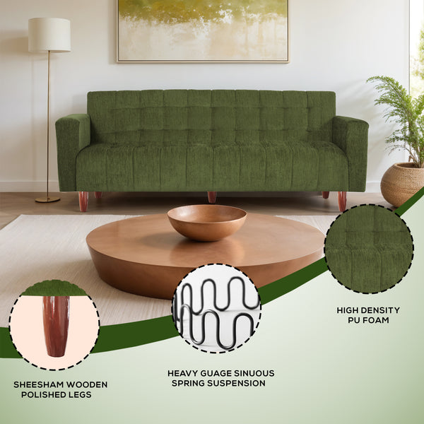 Lisbon Neo 4 Seater Wooden Sofa Cum Bed - ( Premium Molfino Fabric- Green)