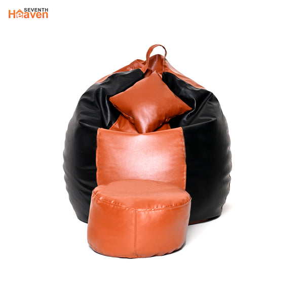 Seventh Heaven 3XL Bean Bag Cover with Footrest & Cushion ( Premium Leatherite - Black & Tan )