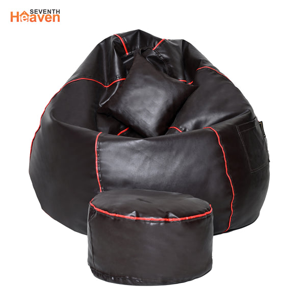 Seventh Heaven 3XL Bean Bag Cover with Footrest & Cushion ( Premium Leatherite - Brown & Red Strip )