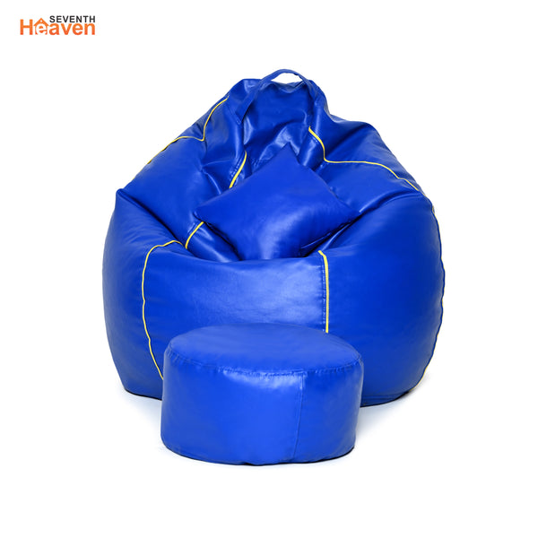 Seventh Heaven 3XL Bean Bag Cover with Footrest & Cushion ( Premium Leatherite - Royal Blue & Yellow Strip )