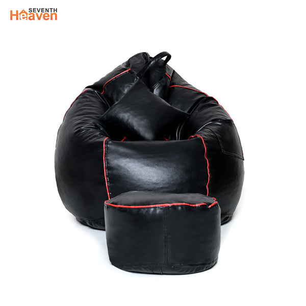 Seventh Heaven 3XL Bean Bag Cover with Footrest & Cushion ( Premium Leatherite - Black & Red Strip )