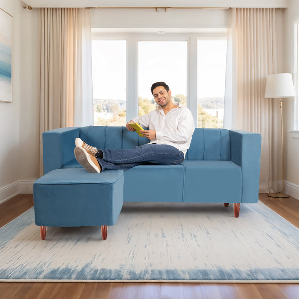 Sydney 5 Seater Sofa with 2 Ottoman- ( Plush Suede Fabric-Sky Blue )