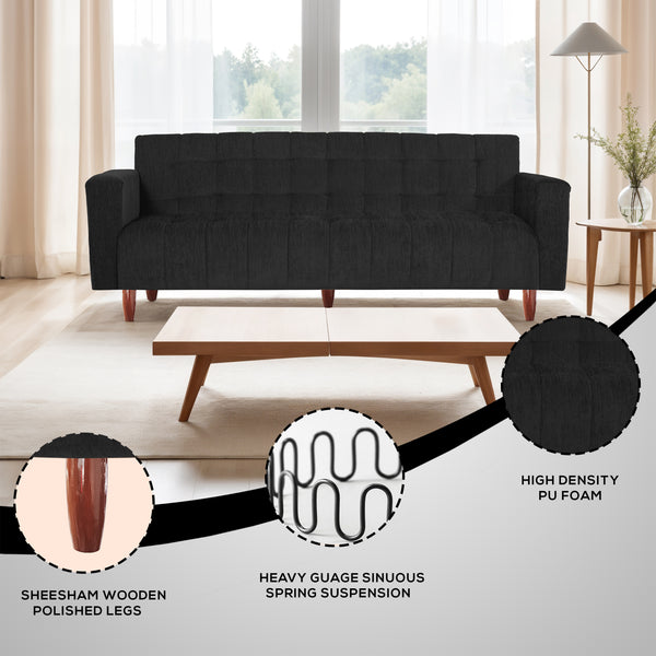 Lisbon Neo 3 Seater Wooden Sofa Cum Bed - ( Premium Molfino Fabric- Black )