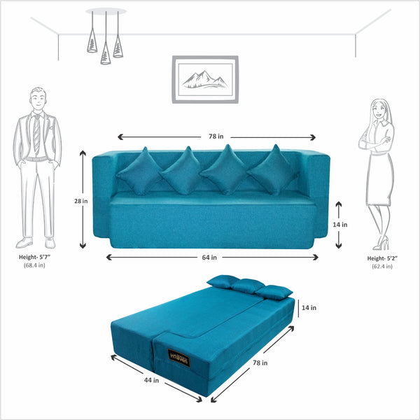 Flipper X Sofa Cum Bed - 4  Seater, Plain Cushion ( Jute Fabric, Sky Blue )
