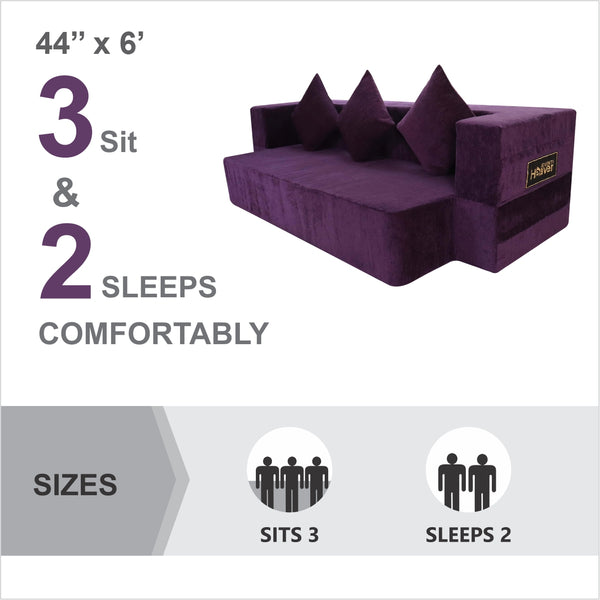 Flipper X Sofa Cum Bed - 3  Seater, Plain Cushion ( Premium Molfino Fabric, Purple )