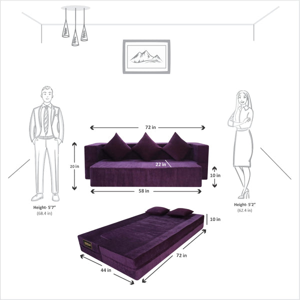 Flipper X Sofa Cum Bed - 3  Seater, Plain Cushion ( Premium Molfino Fabric, Purple )