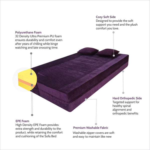 Flipper X Sofa Cum Bed - 3  Seater, Plain Cushion ( Premium Molfino Fabric, Purple )