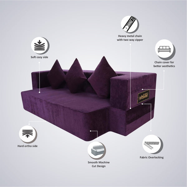 Flipper X Sofa Cum Bed - 3  Seater, Plain Cushion ( Premium Molfino Fabric, Purple )
