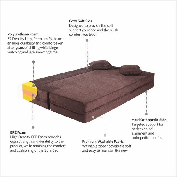 Flipper X Sofa Cum Bed - 3  Seater, Plain Cushion ( Premium Molfino Fabric, Brown )