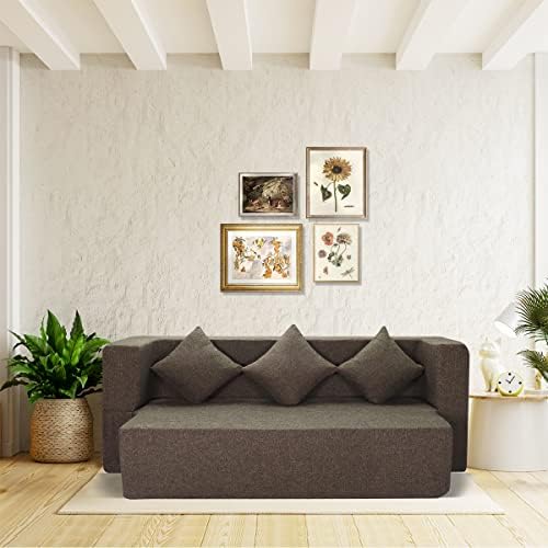 Flipper X Sofa Cum Bed - 3 Seater, Plain Cushion ( Jute Fabric, Brown )