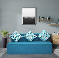 sky blue jute fabric 6 6 sofa cum bed with printed cushion