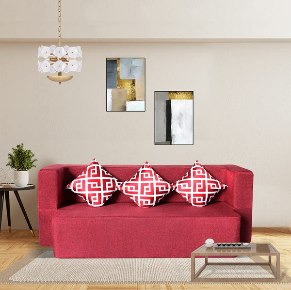 Flipper X Sofa Cum Bed - 3 Seater, Printed Cushion ( Jute Fabric, Maroon )
