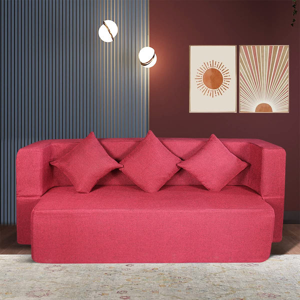 Flipper X Sofa Cum Bed - 3 Seater, Plain Cushion ( Jute Fabric, Maroon )