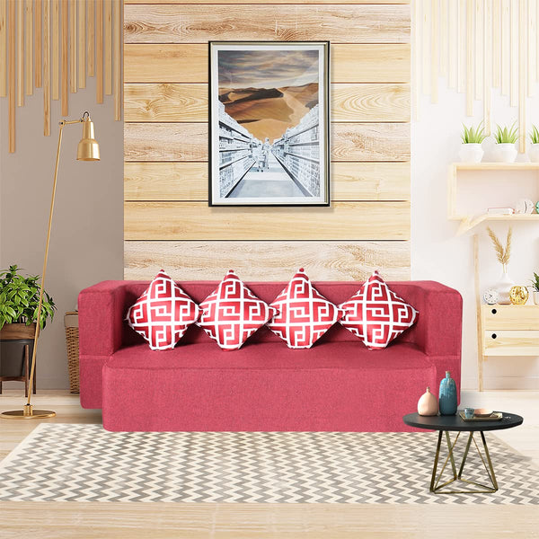 Flipper X Sofa Cum Bed - 4  Seater, Printed Cushion ( Jute Fabric, Maroon )