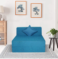 rejoice sofa cum bed 1 seater plain cushion jute fabric sky blue