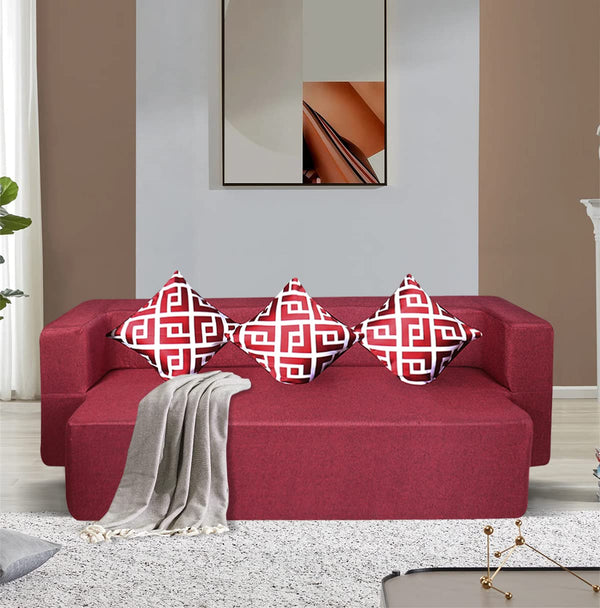 Flipper X Sofa Cum Bed - 3 Seater, Printed Cushion ( Jute Fabric, Maroon )