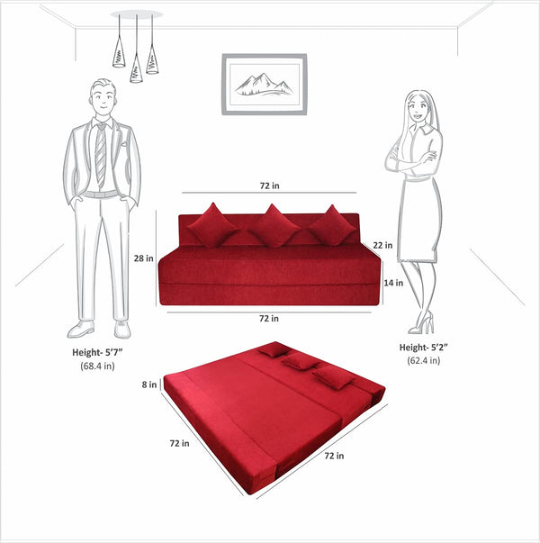 Rejoice Sofa Cum Bed - 4 Seater, Plain Cushion ( Premium Molfino Fabric, Maroon )