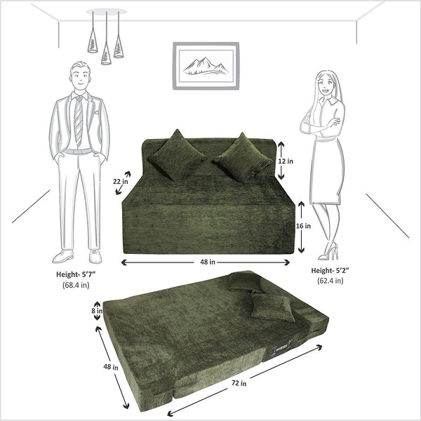 Rejoice Sofa Cum Bed - 2 Seater, Plain Cushion ( Premium Molfino Fabric, Green )
