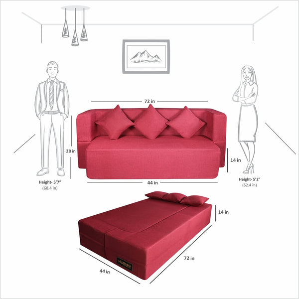 Flipper X Sofa Cum Bed - 3 Seater, Plain Cushion ( Jute Fabric, Maroon )