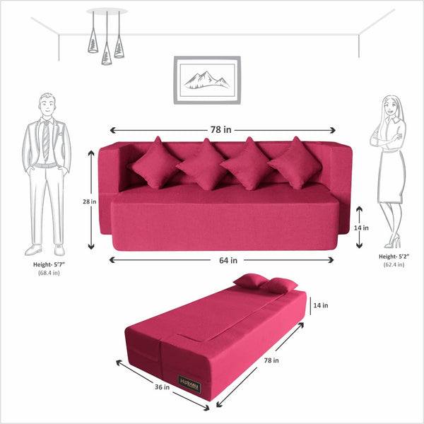 Flipper X Sofa Cum Bed - 4  Seater, Plain Cushion ( Jute Fabric, Maroon )