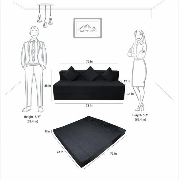Rejoice Sofa Cum Bed - 4 Seater, Plain Cushion ( Premium Molfino Fabric, Black )